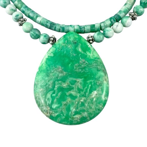 Two Strand Chrysoprase Beaded Necklace | Vintage Sterling Silver 925 | 16" - Picture 6 of 10